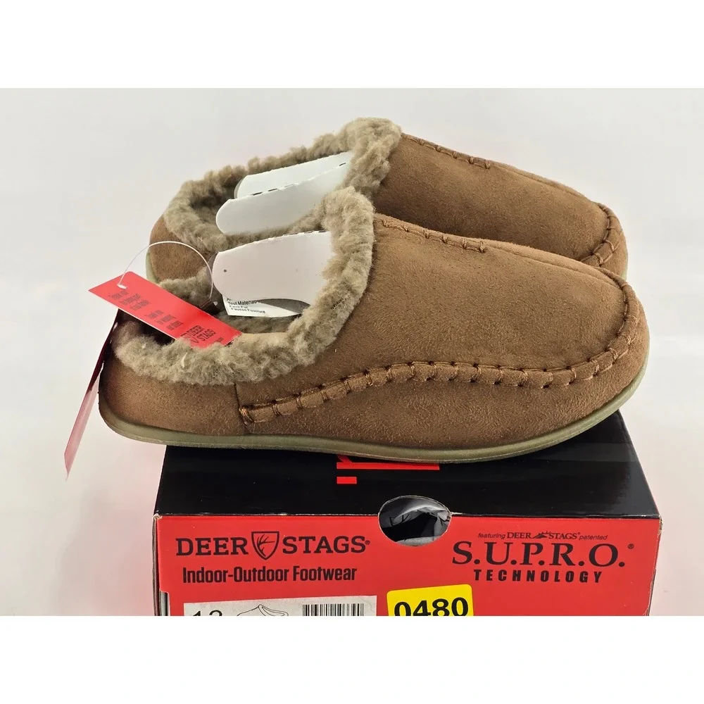 Deer Stags Lil Nordic Kids Size 13 Chestnut Suede Faux Fur Slippers - New